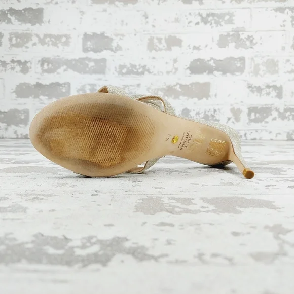 Stuart Weitzman Golden Glitter Heeled Slide Sandals E567 - Picture 9 of 12